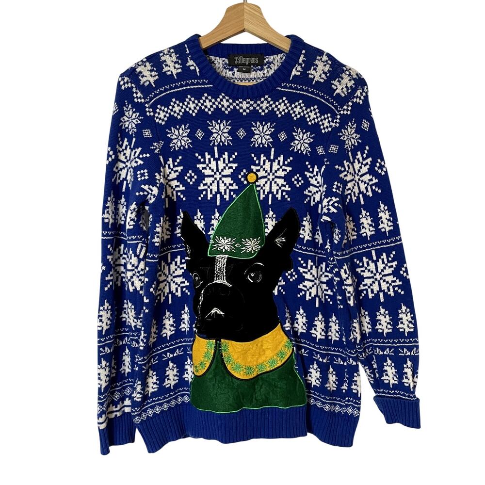 33 Degrees ugly christmas sweater blue snowflake elf pug dog women's M‎ cotton